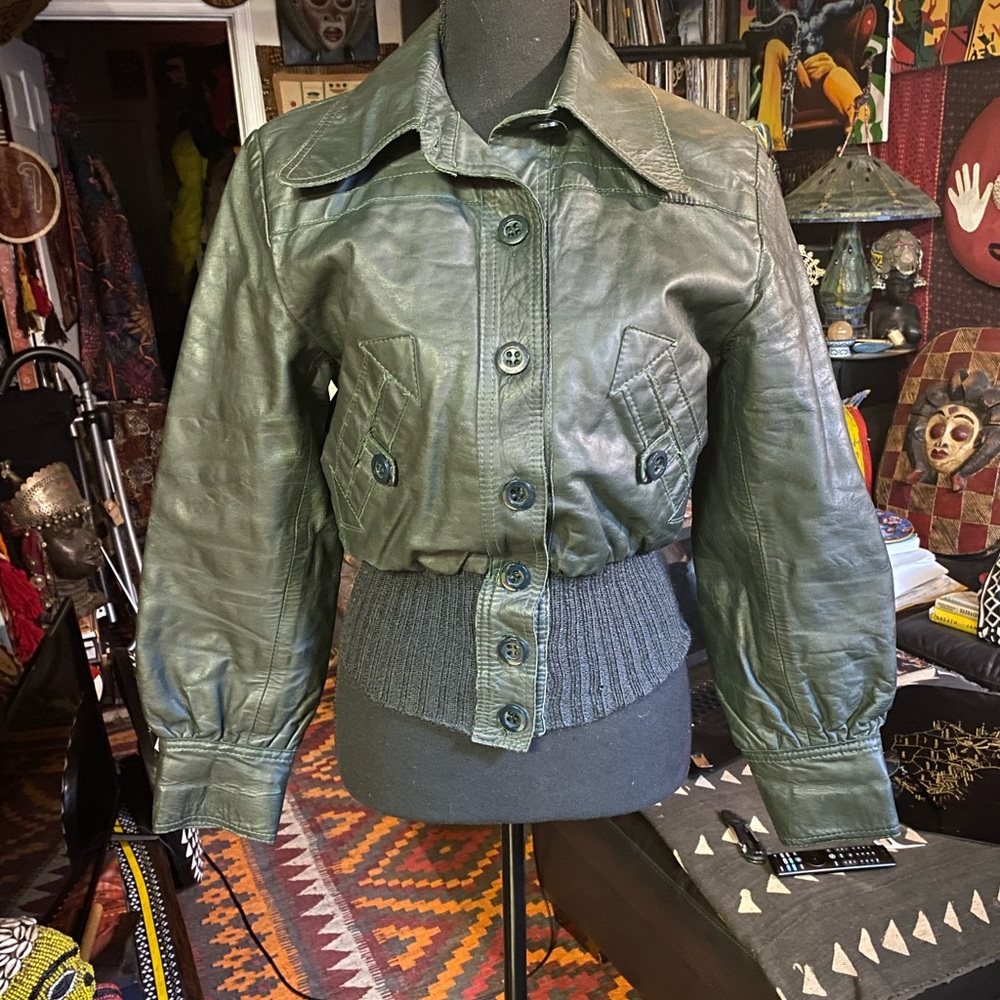 VINTAGE Dark Green Leather Jacket, S